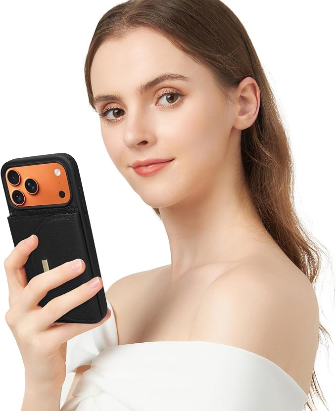 Keallce Wallet Case for iPhone 17 Pro Max 6.9'', Genuine Leather Magnetic Flip Case with RFID Blocking, Card Holder Slots and Kickstand, Protective Folio Cover for Women, Black