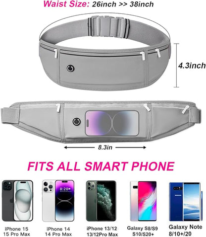 Slim Running Belt for Women Men,Runners Fanny Pack Phone Holder,Money Belt,Running Gear Accessories,with 3 Pockets(Light gray)