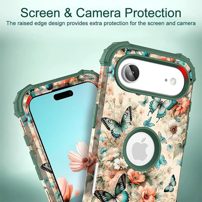 Hocase for iPhone Air Case 6.5", Heavy Duty Shockproof Protection Soft Silicone Rubber+Hard Plastic Bumpers Hybrid Protective Case for iPhone Air 2025 - Teal Green Butterflies