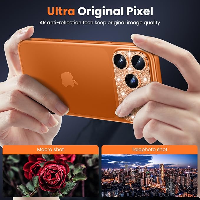 WSKEN for iPhone 17 Pro Camera Lens Protector, [Military Grade Shatterproof] [Strong Adhesion] Metal Aluminum Alloy Tempered Glass Camera Screen Protector, Glitter Orange
