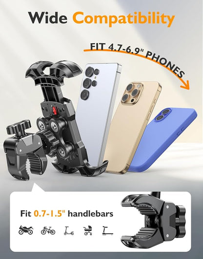 Bike Phone Holder, [Vibration Damper] [Tool-Free] Motorcycle Phone Mount, [Silicone Cushion] Handlebar Mount with Security Lock Compatible with iPhone, Samsung and 4.7-6.9'' Devices