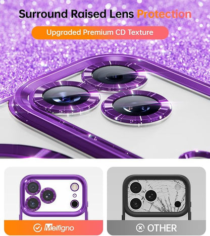 Meifigno Designed for iPhone 17 Pro Magnetic Case with Removable Phone Ring Stand, [Glitter Card & Wrist Strap] [MagSafe Compatible] [Built-in Mirror] Phone Ring Stand + Phone Case Kit, Purple