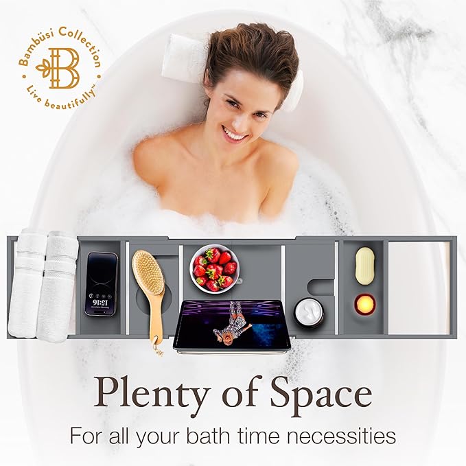 Wooden Bathtub Tray - Foldable and Expandable Bamboo Bath Tray for Tub with Wine Holder, Book and Tablet Stand - Bath Caddy Tray for Bathtub, Spa Bath Accessories, Tub Tray Table (Charcoal Gray)