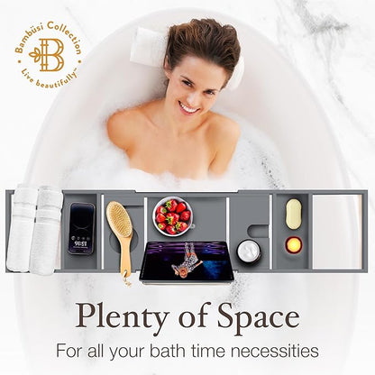 Wooden Bathtub Tray - Foldable and Expandable Bamboo Bath Tray for Tub with Wine Holder, Book and Tablet Stand - Bath Caddy Tray for Bathtub, Spa Bath Accessories, Tub Tray Table (Charcoal Gray)