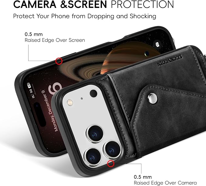 LUCKYCOIN for iPhone 17 Pro Max Crossbody Wallet Case – Genuine Leather Phone Purse with Adjustable Strap and Card Holder,Lanyard Phone Purse Case for Women,Vintage Black