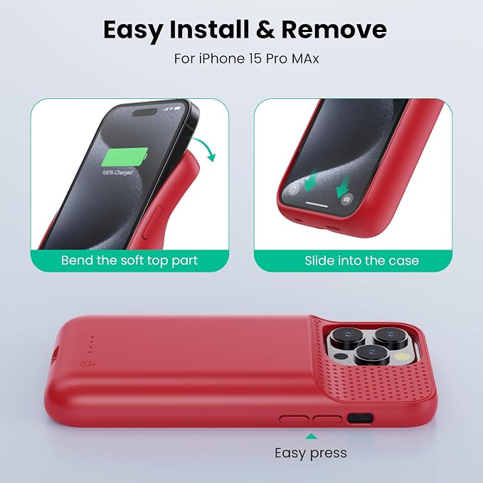 Battery Case for iPhone 15Pro Max, Upgrade 8600mah Portable Slim Battery Charging Case, 15W Fast Charging Rechargeable Protective Extended Charger Cover for iPhone 15 Pro Max (6.7 inch)-Red