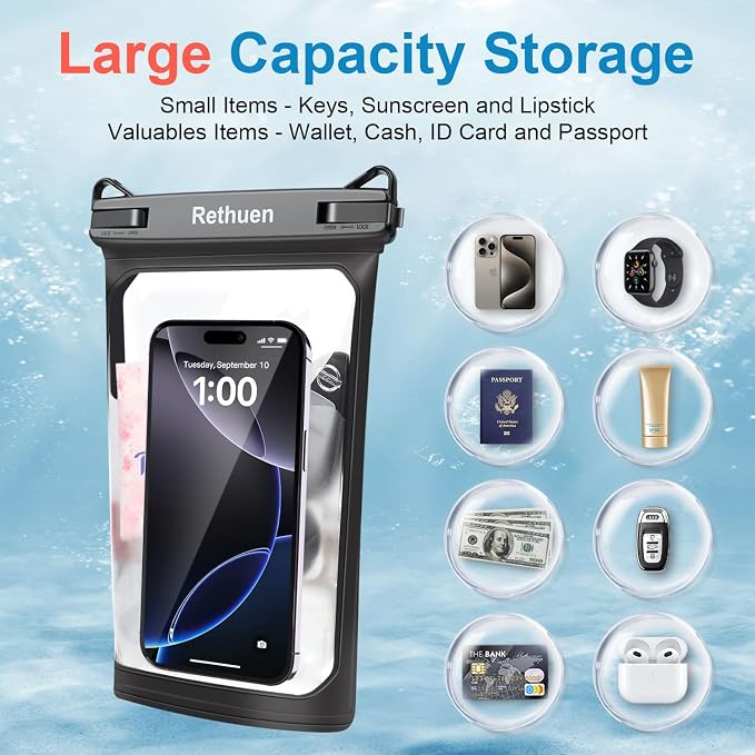 Large Floating Waterproof Phone Pouch, 2Pack Cell Phone Dry Bag for iPhone 17 16 15 14 13 Pro Max Galaxy S24 S23 S22 All Phones, Float Water Proof Bag for Beach Water Park (Black + Pink)