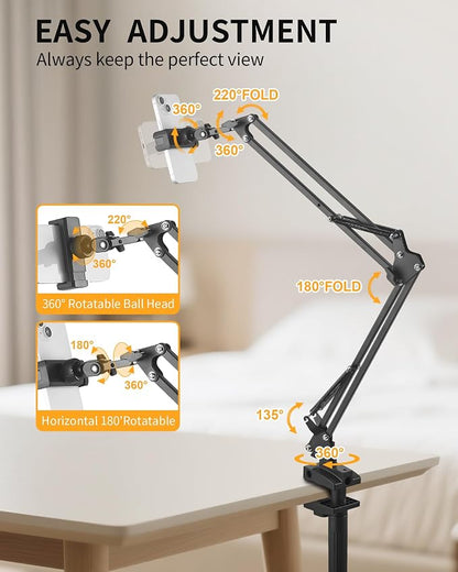 Phone Holder for Bed Desk, Flexible Camera Arm Desk Mount Clamp with Phone Holder and Ball Head, Overhead Tripod Mount for Camera Webcam Ring Light