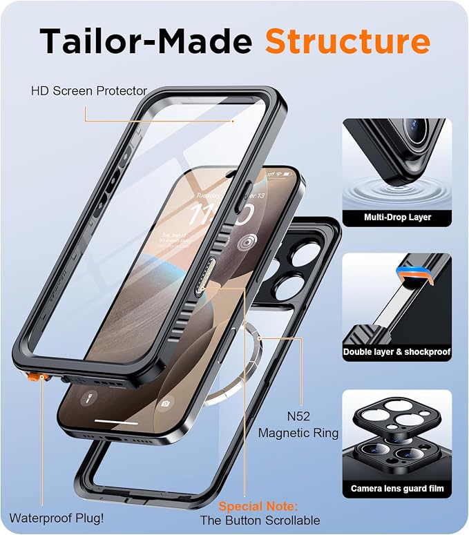 Temdan Magnetic for iPhone 16 Pro Max Case Waterproof,Built-in Screen Protector[IP68 Underwater][Upgrade Military Dropproof][Compatible with MagSafe] Full Body Shockproof Case-Black