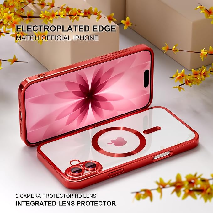 Misea Magnetic for iPhone 17 Case Compatible with MagSafe [Never Yellowing] [Military Grade Drop Protection] Full Camera Lens Protector Plating Soft Clear Phone Case for Women, Red