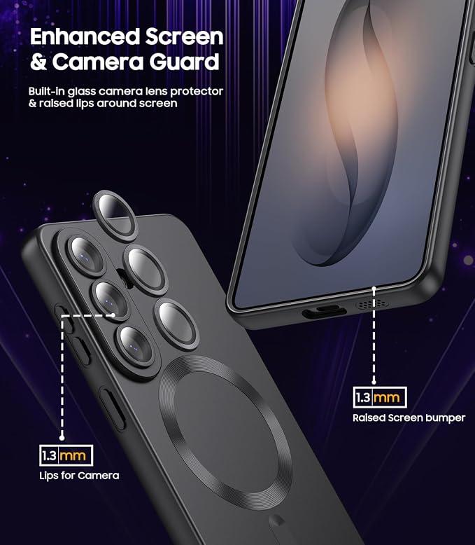Magnetic for Samsung Galaxy S26 Plus Case [Compatible with MagSafe][Built-in Camera Lens Protector] Slim Soft Silicone Bumper Shockproof Metallic Luster Phone Case, Black