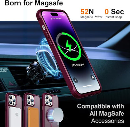 360° Magnetic Swivel Ring for iPhone 14 pro case, Built-in Metal Stand and Ring Holder, Magsafe Compatible, Military Grade Protection, Shock and Vibration Resistant - Wine Red