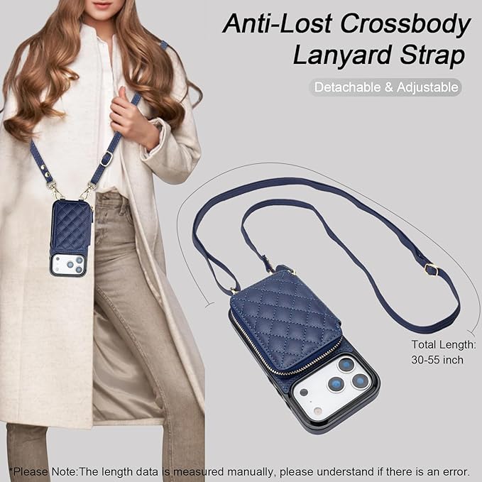 Bocasal Crossbody Wallet Case for iPhone 17 Pro, RFID Blocking PU Leather Zipper Handbag Purse Flip Cover, Kickstand Folio Case with Card Slots Holder Wrist Strap Lanyard 5G 6.3 Inch (Dark Blue)