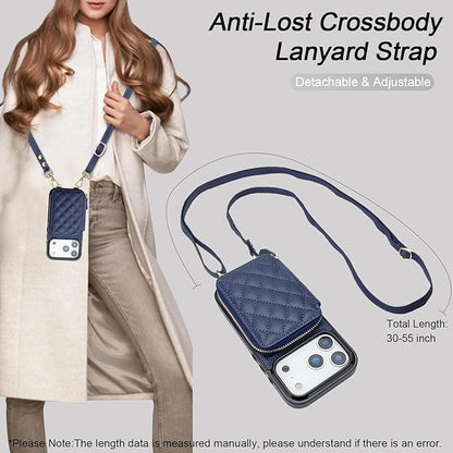 Bocasal Crossbody Wallet Case for iPhone 17 Pro, RFID Blocking PU Leather Zipper Handbag Purse Flip Cover, Kickstand Folio Case with Card Slots Holder Wrist Strap Lanyard 5G 6.3 Inch (Dark Blue)