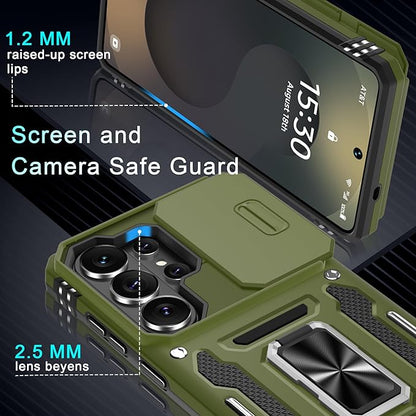 DEERLAMN Case for Samsung Galaxy S26 Ultra 6.9-Inch with Slide Camera Cover+Screen Protector(1 Pack), Rotated Ring Kickstand Military Grade Shockproof Protective Cover-Olive Green