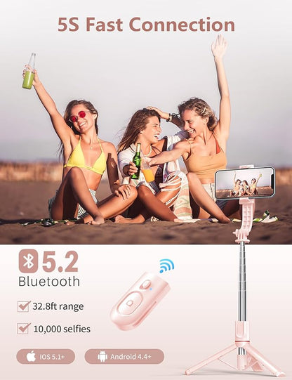 Selfie Stick with Light, 45'' Selfie Stick Tripod with Wireless Remote, Portable Travel Phone Tripod Compatible with iPhone 15 Pro Max/15/14 Pro/14/13, Samsung S22/ S23 Ultra/Android Smartphone (Pink)