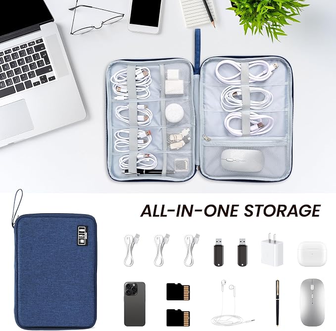 Large Slim Cable Organizer Travel Case, Single-Layer Electronic Accessories Pouch for Chargers, Cords, Power Bank, Mouse and SD Cards, 12.6 x 9.45 x 1.57 Inches