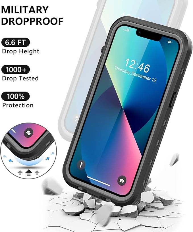 Protebox for iPhone 13 Waterproof Case with Built-in Screen Protector, Shockproof Dustproof Full Body Protective IP68 Waterproof Phone Case for iPhone 13 6.1 inch (Black/Clear)