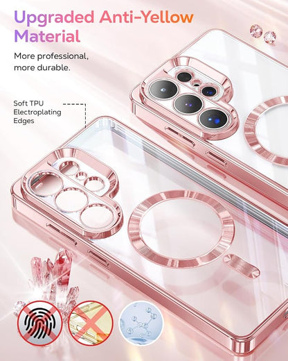 Meifigno Magnetic Case Designed for Samsung Galaxy S26 Ultra 6.9", [Compatible with MagSafe] [Removable Glitter Card & Wrist Strap], Surround Lens Protection Case for Galaxy S26 Ultra, Rose Gold