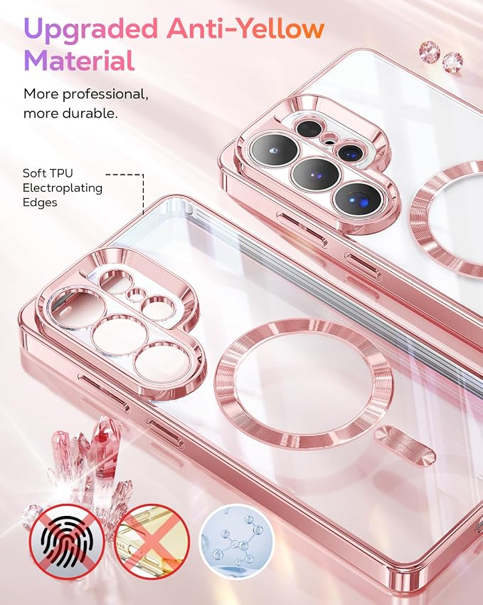 Meifigno Magnetic Case for Samsung Galaxy S26 Ultra 6.9" + Removable Phone Grip Kit, [Phone Ring Holder with Built-in Mirror] [Compatible with MagSafe] [Glitter Card & Wrist Strap], Rose Gold