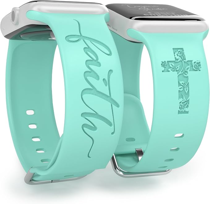 Faith with Cross Watch Band Compatible with Apple Watch Laser Engraved Band Silicone 38mm 40mm 41mm 42mm 44mm 45mm 46mm 49mm Strap Jesus Psalm Christian God Blessed (Beryl, 42/44/45/46/49mm M/L)