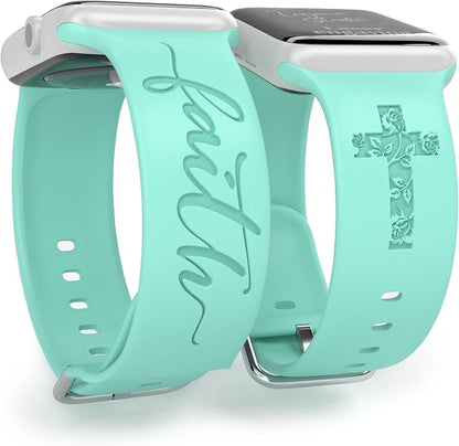 Faith with Cross Watch Band Compatible with Apple Watch Laser Engraved Band Silicone 38mm 40mm 41mm 42mm 44mm 45mm 46mm 49mm Strap Jesus Psalm Christian God Blessed (Beryl, 42/44/45/46/49mm M/L)