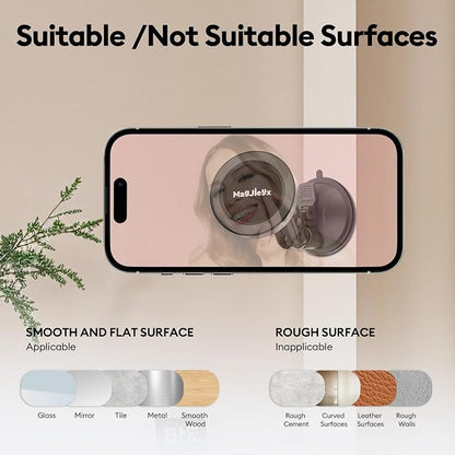 MAGJIEYX Magnetic Suction Cup Phone Holder, Car Phone Mount for Wall/Mirror, Portable Stand for Your Car/Gym/Kitchen/Bathroom/Makeup, Compatible with iPhone 16/15/14/13/12/Mag Safe Case & Android