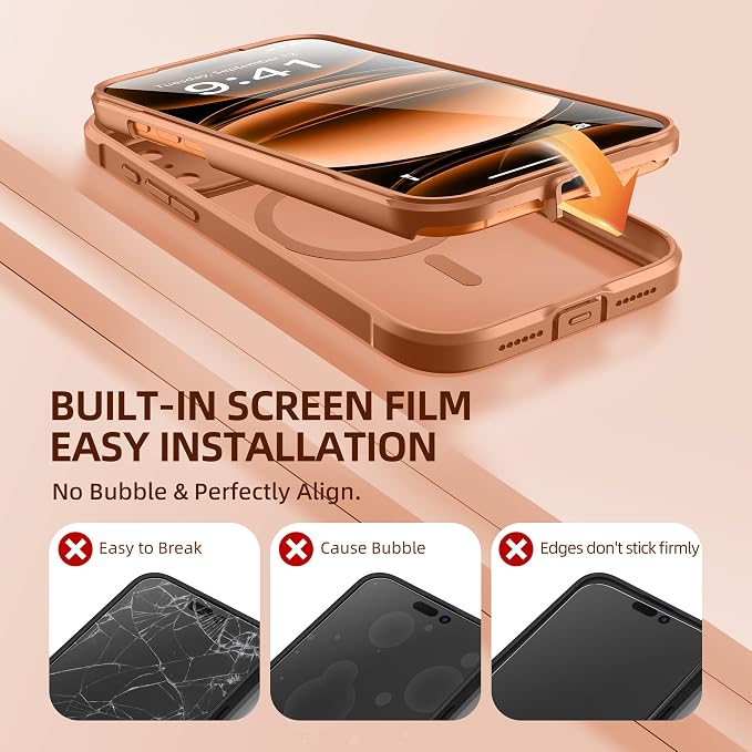 BERFY for iPhone 17 Pro Case, Compatible with MagSafe, Built-in Glass Screen Protector, Camera Protection, Shockproof Full Body Phone case 6.3", Clear Dark Orange