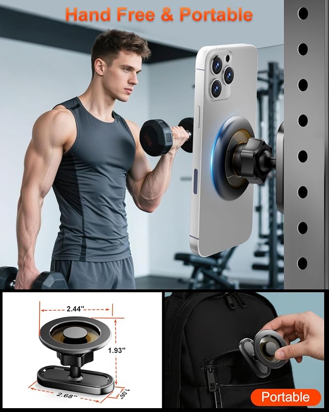 volport Gym Magnetic Phone Holder, Attaches to Metal Surfaces, Double Magnet Mount with 24 Strong Magnets, 360° Adjustable Ball Joint, for MagSafe iPhone 12-17, Gym Accessories for Workout Recording
