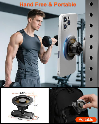 volport Gym Magnetic Phone Holder, Attaches to Metal Surfaces, Double Magnet Mount with 24 Strong Magnets, 360° Adjustable Ball Joint, for MagSafe iPhone 12-17, Gym Accessories for Workout Recording