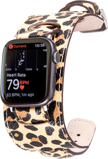 HARDISTON Cuff Watch Band Compatible with Apple 41mm for Men & Women, Handmade Genuine Leather, Compatible with iWatch Series 11 10 9 8 7 6 5 4 3 2 1 SE Ultra, Wrist Bracelet Band, Large/Band-Leopard