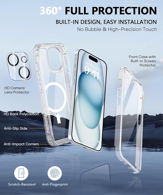 Compatible with iPhone 15 Plus Case Clear, Built-in Screen Protector, with Camera Lens Protector, [Compatible with MagSafe] Full Body Phone Case, Protective Cover for 15Plus 6.7" (Clear)