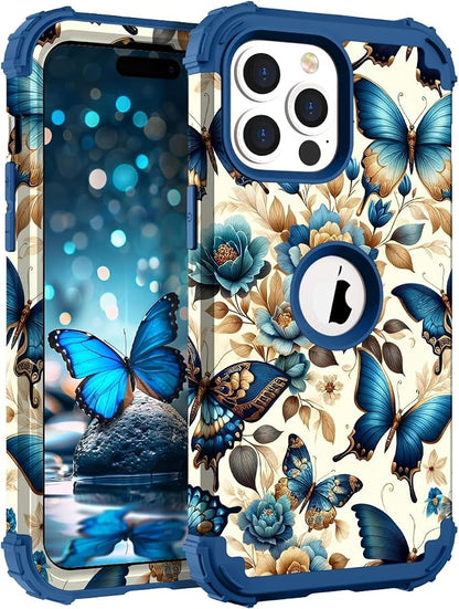 Hocase for iPhone 15 Pro Max Case, Heavy Duty Shockproof Protection Soft Silicone Rubber Bumper+Hard Plastic Hybrid Protective Case for iPhone 15 Pro Max 6.7" 2023 - Blue Butterflies