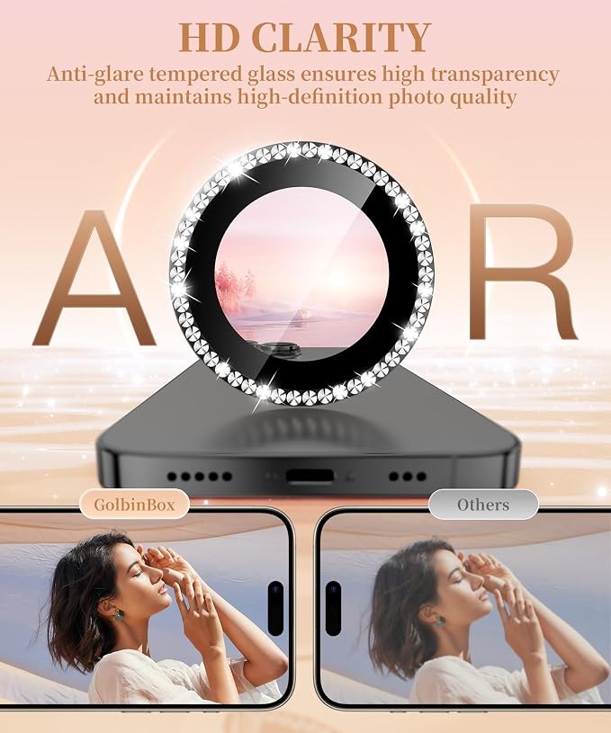 GolbinBox Camera Lens Protector for iPhone 13 Pro/13 Pro Max, 1:1 Invisible Fit, 9H Tempered Glass Ultra HD Metal Individual Camera Cover for Women, Case Friendly, Bling/Black