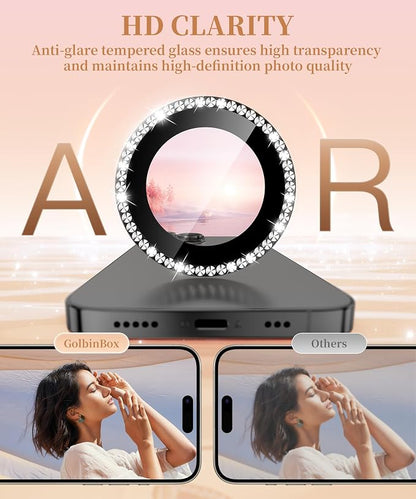 GolbinBox Camera Lens Protector for iPhone 13 Pro/13 Pro Max, 1:1 Invisible Fit, 9H Tempered Glass Ultra HD Metal Individual Camera Cover for Women, Case Friendly, Bling/Black