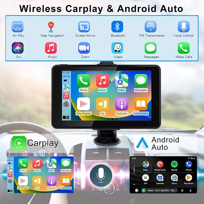 7" HD Apple CarPlay & Android Auto Screen for Car | Portable Touchscreen Screen Naivgation Car Stereo, with CarPlay Bluetooth, Mirror Link, Siri, Hands-Free Calling, AirPlay, FM/AUX & Voice Assistant
