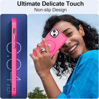 MOCCA Strong Magnetic for iPhone 13 Case, [Compatible with Magsafe][Screen Protector+Camera Lens Protector] Translucent Matte Back Slim Shockproof Case for iPhone 13 Phone Case 6.1", Hot Pink