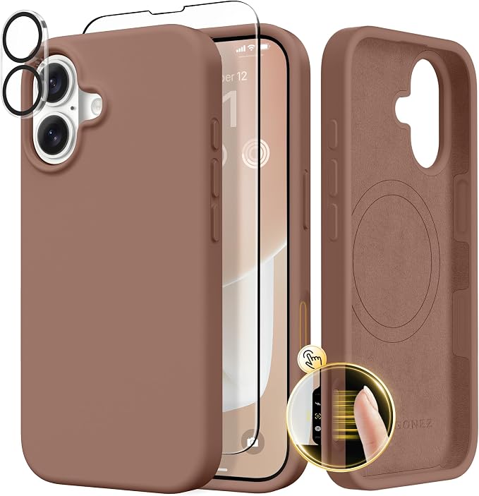 GONEZ Magnetic for iPhone 17 Case, Compatible with MagSafe, [Screen Protector + Camera Lens Protector], Liquid Silicone Anti-Scratch Shockproof Protective Phone Case 6.3 inch, Brown