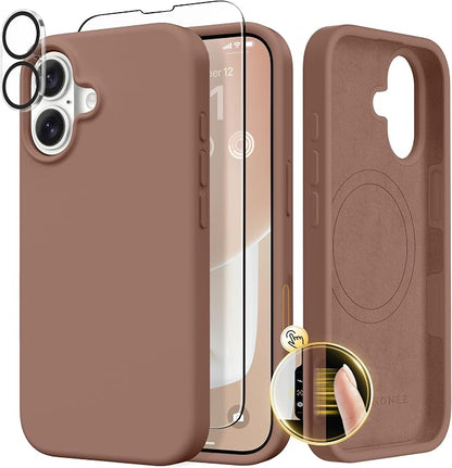 GONEZ Magnetic for iPhone 17 Case, Compatible with MagSafe, [Screen Protector + Camera Lens Protector], Liquid Silicone Anti-Scratch Shockproof Protective Phone Case 6.3 inch, Brown
