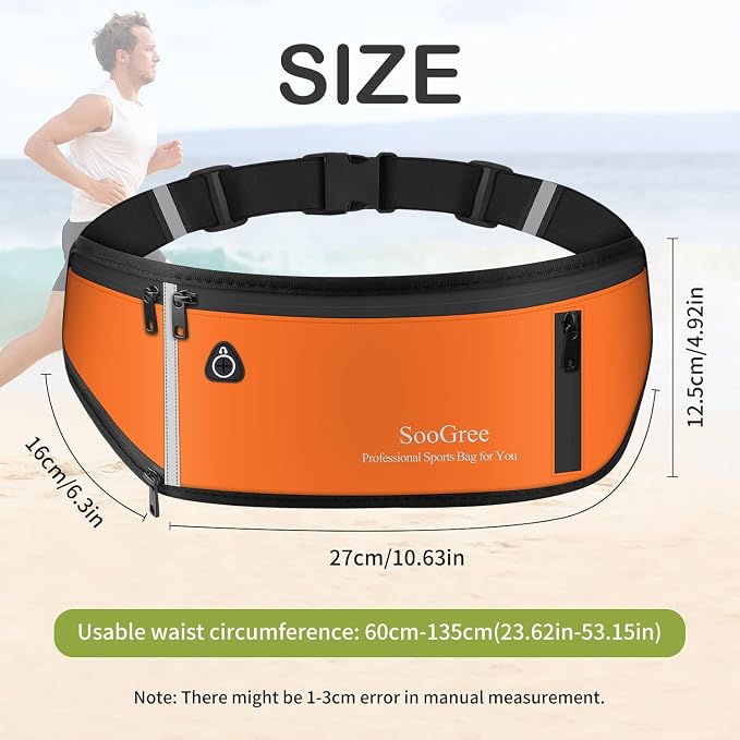 SooGree Slim Running Belt Fanny Pack, Resistant Waist Pack Money Belt Bag for Hiking Cycling Workout, Gym Phone Holder with Adjustable Strap (Orange)