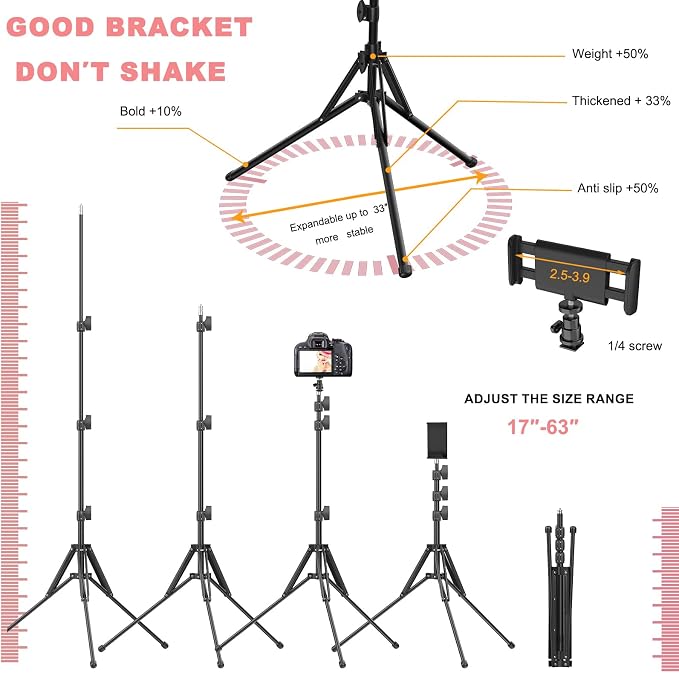 Ring Light 18" with Stand, 55w 6700K LED Light,63" Tripod,Multi-Angle Adjustable Phone Stand, for iPhone and Android Phones, CRI95, Suitable for YouTube, TikTok, Selfies (Pink, 18")