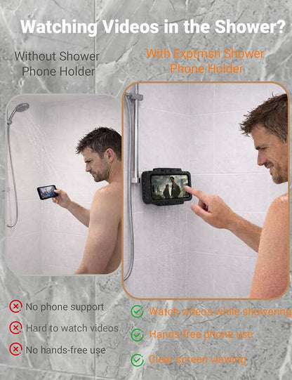 Shower Phone Holder Waterproof 360° Adjustable Rotating, Anti-Fog Touch Screen Wall Mount Phone Stand for Bathroom Mirror Bathtub Kitchen, Fits iPhone 17 16 15 Pro Max for 4-7" Cellphones Black