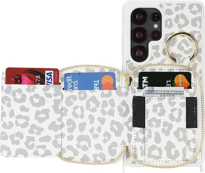 Crossbody Wallet Case for Galaxy S25 Ultra, PU Leather Zipper Handbag Purse Flip Cover, Kickstand Folio Case with Card Slots Holder Wrist Strap Lanyard -White Leopard