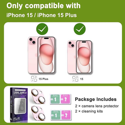 2-Pack Shatterproof Camera Lens Protector for iPhone 15/15 Plus |AR Tempered Glass Strong Adsorption Metal Camera Cover Screen(Pink)