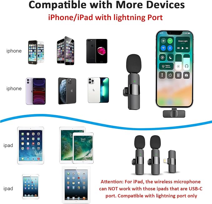 MAYBESTA Wireless Mini Microphone for iPhone 14 Below - Bluetooth Lapel Mic for Video Recording - Clip on Phone Microphones for YouTube Tiktok(Lightning / 2 mics)