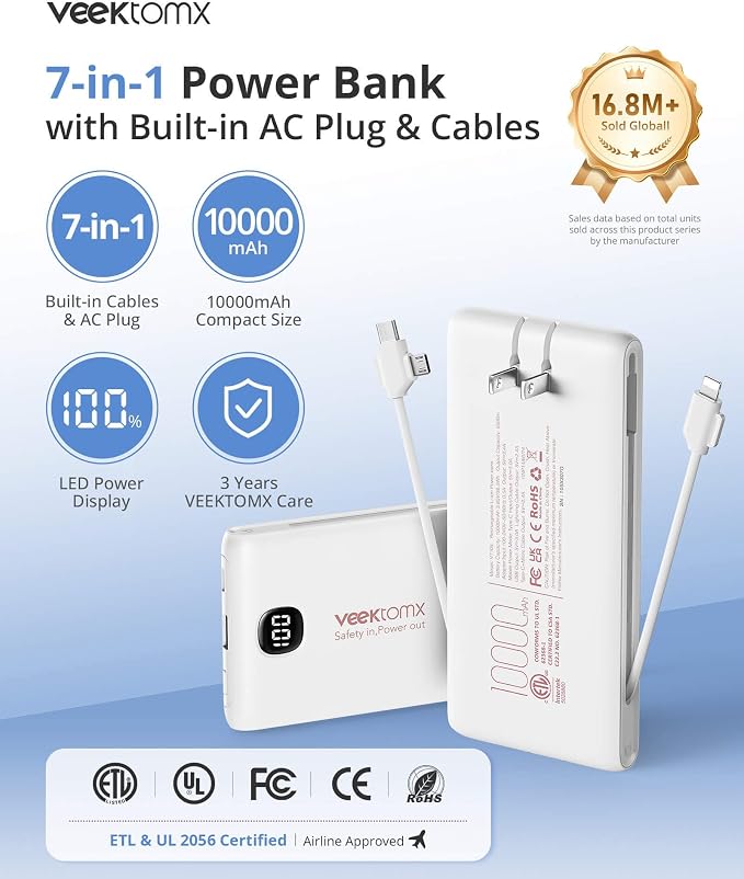 VEEKTOMX Portable Charger with Built in Cables 10000mAh, Power Bank for iPhone with Wall Plug, Travel Essential Fast Charging Slim USB C External Battery Pack for iPhone 17/16/15, Samsung, iPad, etc
