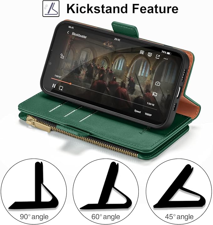 Antsturdy Compatible with iPhone 16 Plus Wallet Case,RFID Blocking PU Leather Phone Case Women Men Kickstand flip Cover Wrist Strap Zipper Credit Card Holder Slots for Apple 16 Plus 6.7",Green