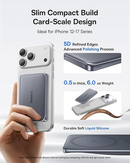 Baseus Picogo Power Bank, 0.5" Ultra Slim 10000mAh MagSafe Portable Charger, 27W Fast Charging Magnetic Battery Pack, Upgraded Polished Alloy Wireless Charger for iPhone 17 Pro Max/Air/16/15/14/13/12