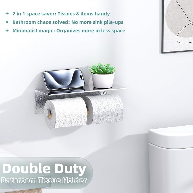 Double Toilet Paper Holder with Shelf Polished Chrome, APLusee SUS304 Stainless Steel Contemporary Bathroom Tissue Roll Holder Cell Phone Storage Rack