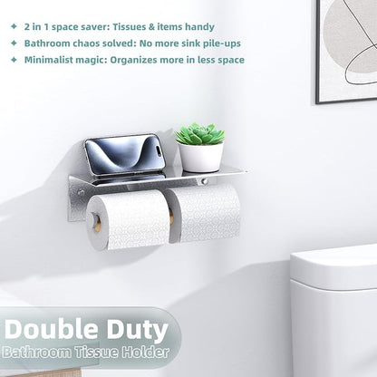 Double Toilet Paper Holder with Shelf Polished Chrome, APLusee SUS304 Stainless Steel Contemporary Bathroom Tissue Roll Holder Cell Phone Storage Rack